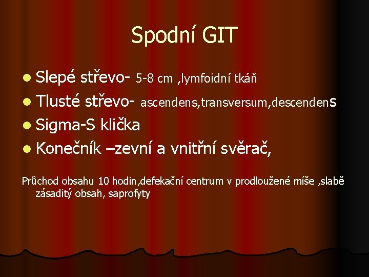 Spodní GIT l Slepé střevo- 5 -8 cm , lymfoidní tkáň l Tlusté střevo-