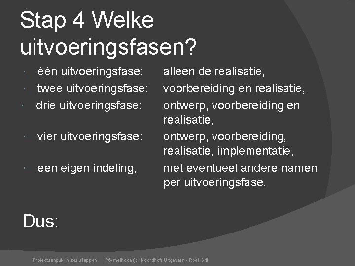 Stap 4 Welke uitvoeringsfasen? één uitvoeringsfase: twee uitvoeringsfase: drie uitvoeringsfase: vier uitvoeringsfase: een eigen