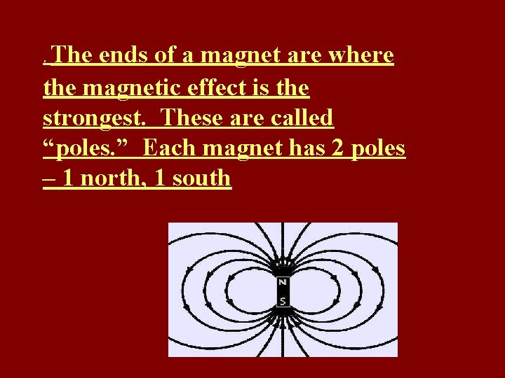. The ends of a magnet are where the magnetic effect is the strongest. . The ends of a magnet are where the magnetic effect is the strongest.