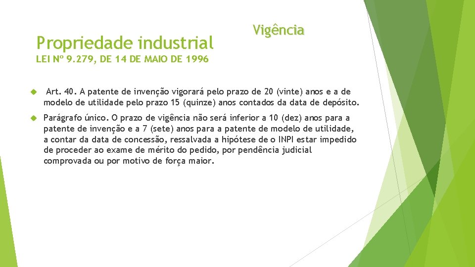 Propriedade industrial Vigência LEI Nº 9. 279, DE 14 DE MAIO DE 1996 Art. Propriedade industrial Vigência LEI Nº 9. 279, DE 14 DE MAIO DE 1996 Art.