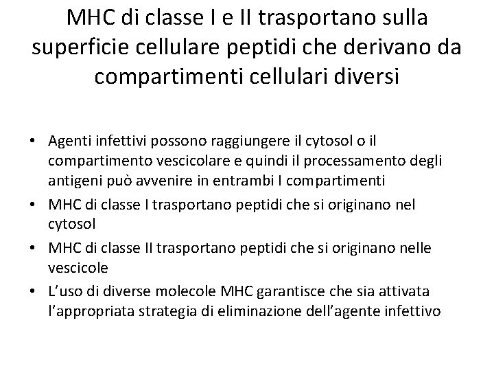 MHC di classe I e II trasportano sulla superficie cellulare peptidi che derivano da