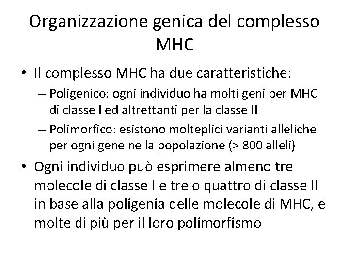 Organizzazione genica del complesso MHC • Il complesso MHC ha due caratteristiche: – Poligenico: