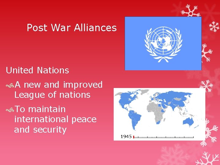 Post War Alliances United Nations A new and improved League of nations To maintain