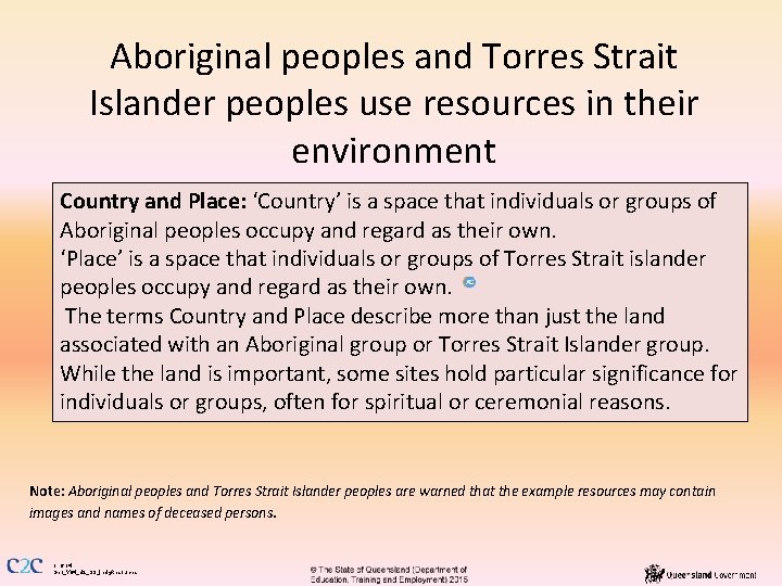 Aboriginal peoples and Torres Strait Islander peoples use resources in their environment Country and