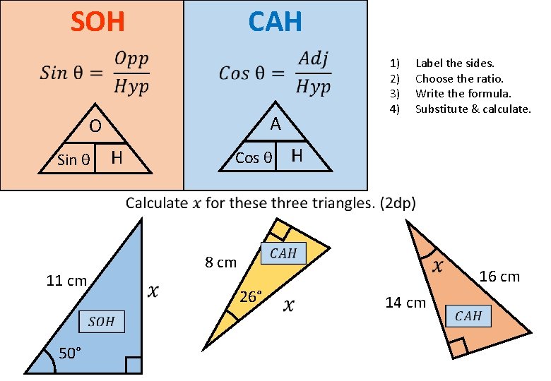 SOH CAH A O Sin θ 1) 2) 3) 4) H Label the sides.