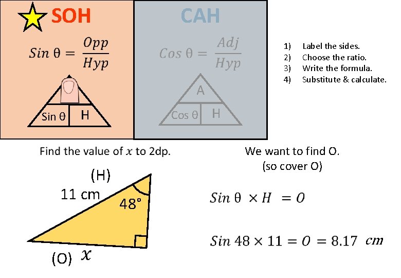 SOH CAH 1) 2) 3) 4) A O H Sin θ Cos θ H