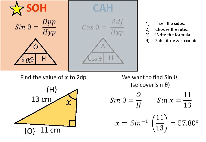 SOH CAH A O Sin θ 1) 2) 3) 4) H Cos θ Label