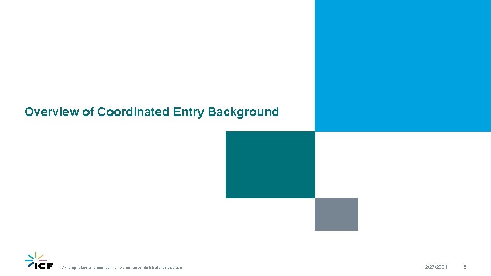 Overview of Coordinated Entry Background ICF proprietary and confidential. Do not copy, distribute, or