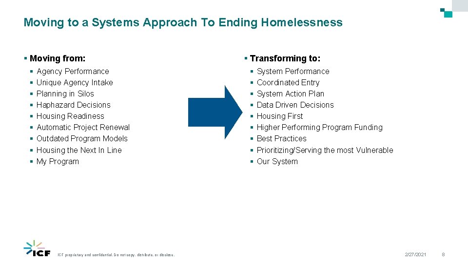 Moving to a Systems Approach To Ending Homelessness § Moving from: § § §