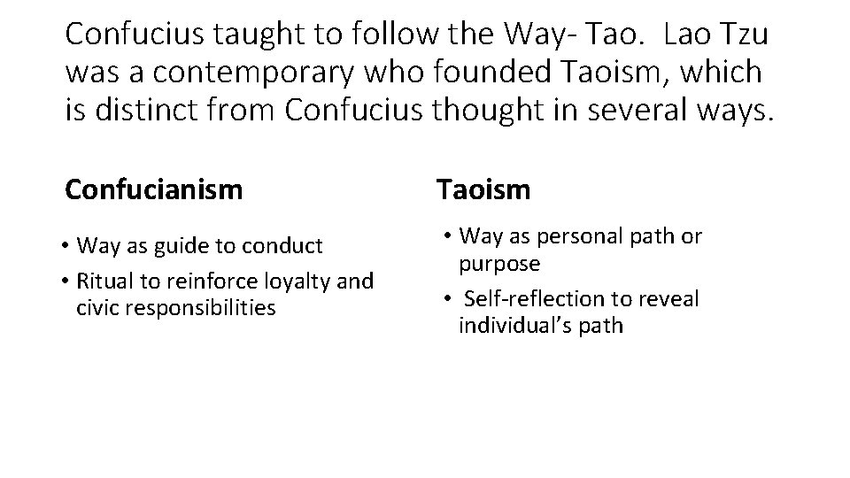 Confucius taught to follow the Way- Tao. Lao Tzu was a contemporary who founded