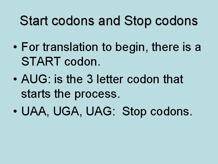 Start codons and Stop codons • For translation to begin, there is a START