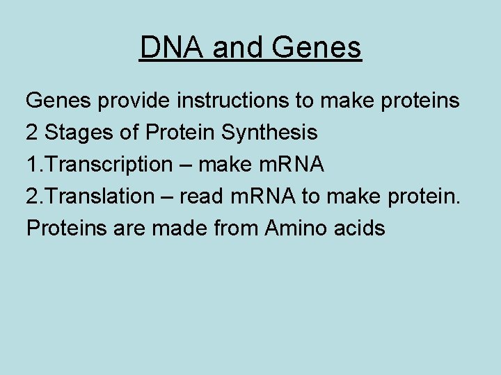 DNA and Genes provide instructions to make proteins 2 Stages of Protein Synthesis 1.