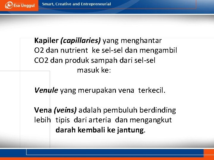 Kapiler (capillaries) yang menghantar O 2 dan nutrient ke sel-sel dan mengambil CO 2