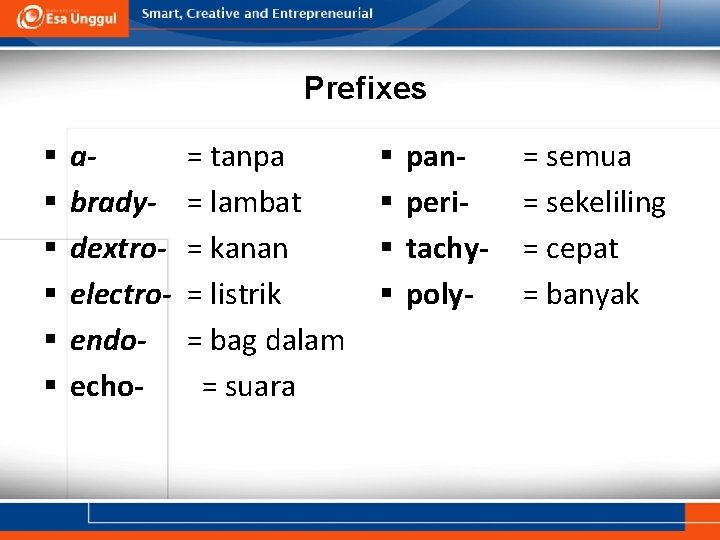 Prefixes § § § abradydextroelectroendoecho- = tanpa = lambat = kanan = listrik =