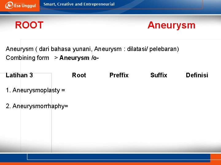 ROOT Aneurysm ( dari bahasa yunani, Aneurysm : dilatasi/ pelebaran) Combining form > Aneurysm