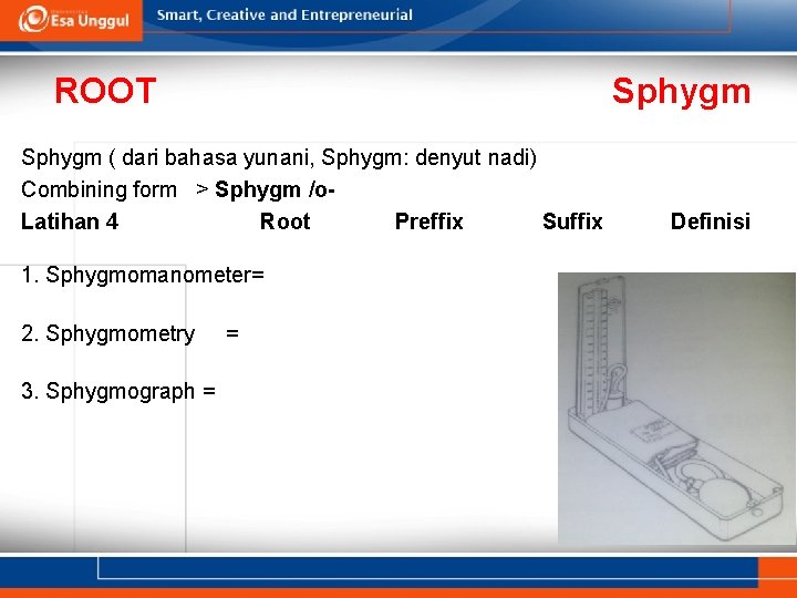 ROOT Sphygm ( dari bahasa yunani, Sphygm: denyut nadi) Combining form > Sphygm /o.