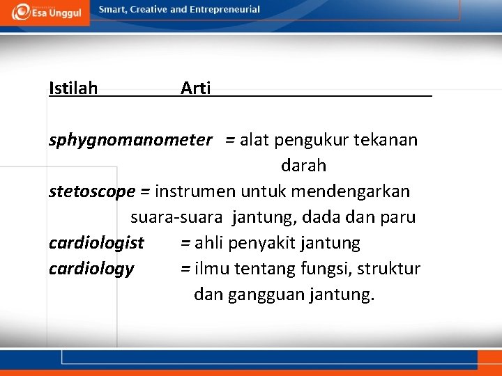 Istilah Arti sphygnomanometer = alat pengukur tekanan darah stetoscope = instrumen untuk mendengarkan suara-suara