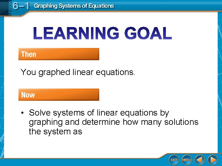 You graphed linear equations. • Solve systems of linear equations by graphing and determine