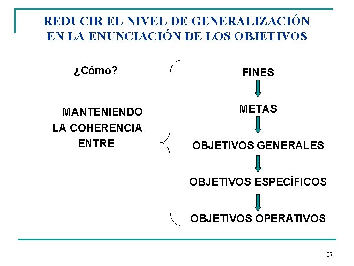 REDUCIR EL NIVEL DE GENERALIZACIÓN EN LA ENUNCIACIÓN DE LOS OBJETIVOS ¿Cómo? FINES MANTENIENDO