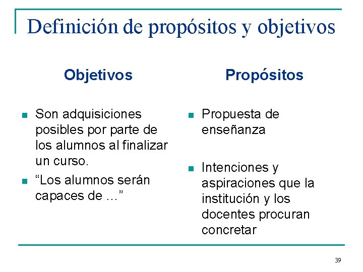 Definición de propósitos y objetivos Objetivos n n Son adquisiciones posibles por parte de