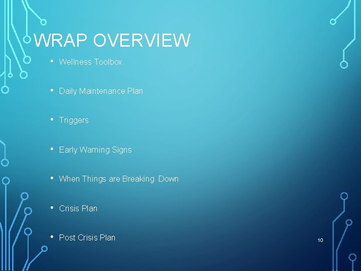 WRAP OVERVIEW • Wellness Toolbox • Daily Maintenance Plan • Triggers • Early Warning