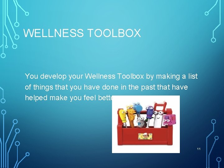 WELLNESS TOOLBOX You develop your Wellness Toolbox by making a list of things that