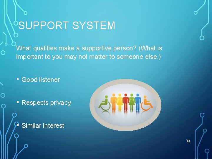 SUPPORT SYSTEM What qualities make a supportive person? (What is important to you may