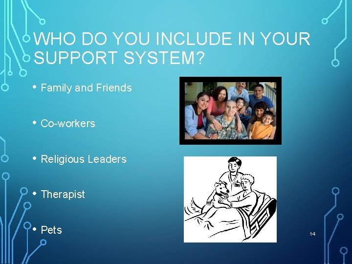 WHO DO YOU INCLUDE IN YOUR SUPPORT SYSTEM? • Family and Friends • Co-workers