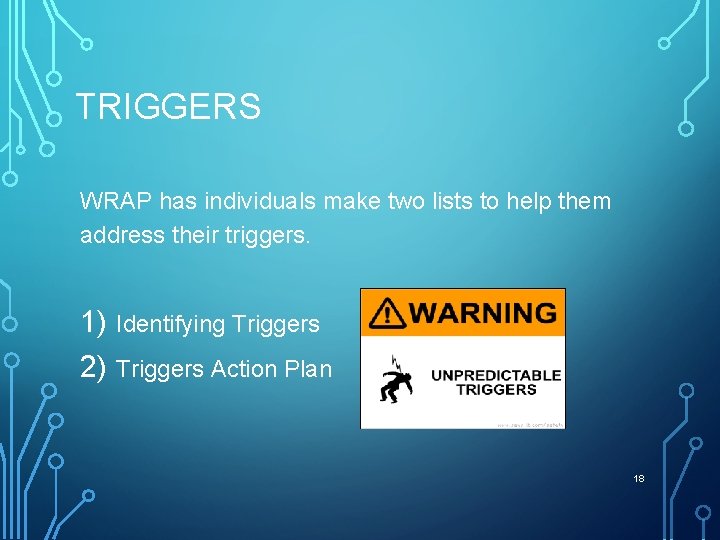 TRIGGERS WRAP has individuals make two lists to help them address their triggers. 1)