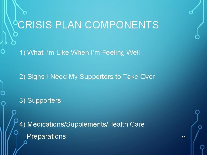 CRISIS PLAN COMPONENTS 1) What I’m Like When I’m Feeling Well 2) Signs I