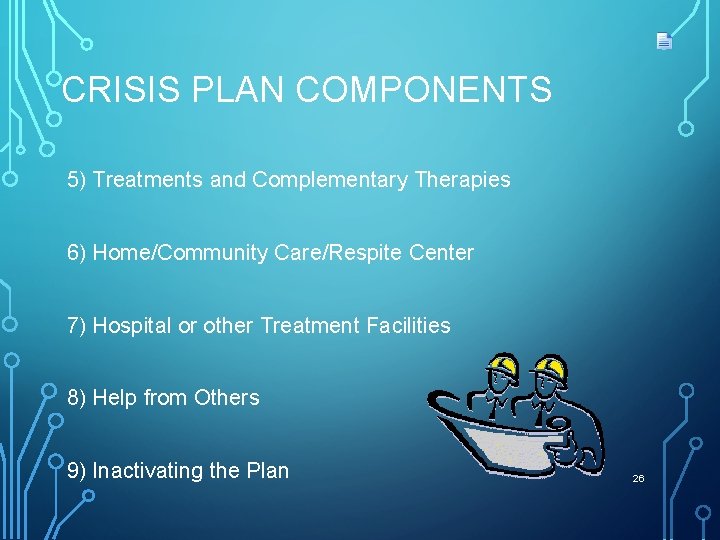 CRISIS PLAN COMPONENTS 5) Treatments and Complementary Therapies 6) Home/Community Care/Respite Center 7) Hospital