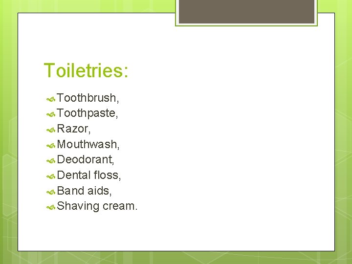 Toiletries: Toothbrush, Toothpaste, Razor, Mouthwash, Deodorant, Dental floss, Band aids, Shaving cream. 