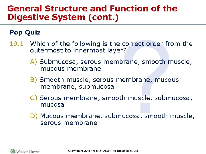 General Structure and Function of the Digestive System (cont. ) Pop Quiz 19. 1