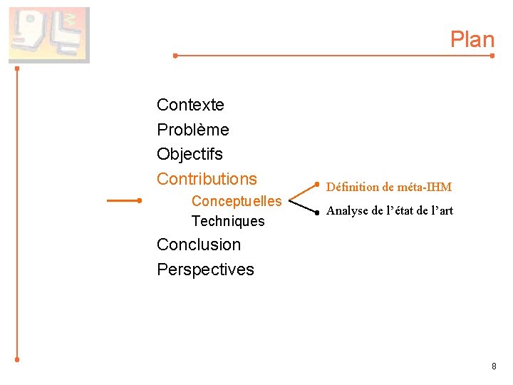 Plan Contexte Problème Objectifs Contributions Conceptuelles Techniques Définition de méta-IHM Analyse de l’état de