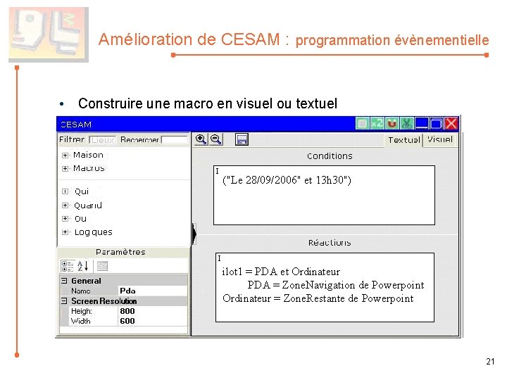 Amélioration de CESAM : programmation évènementielle • Construire une macro en visuel ou textuel