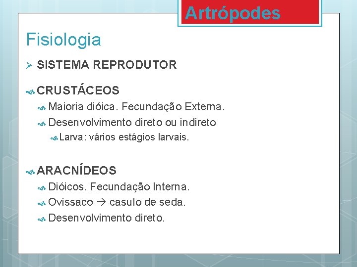 Artrópodes Fisiologia Ø SISTEMA REPRODUTOR CRUSTÁCEOS Maioria dióica. Fecundação Externa. Desenvolvimento direto ou indireto Artrópodes Fisiologia Ø SISTEMA REPRODUTOR CRUSTÁCEOS Maioria dióica. Fecundação Externa. Desenvolvimento direto ou indireto