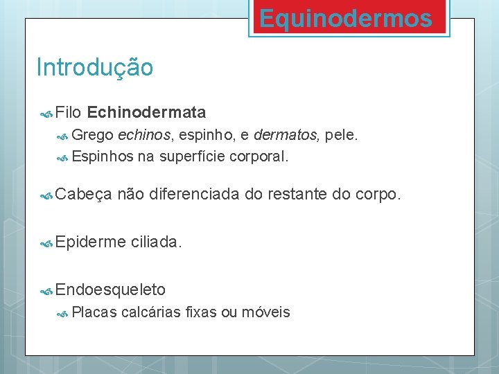 Equinodermos Introdução Filo Echinodermata Grego echinos, espinho, e dermatos, pele. Espinhos na superfície corporal. Equinodermos Introdução Filo Echinodermata Grego echinos, espinho, e dermatos, pele. Espinhos na superfície corporal.