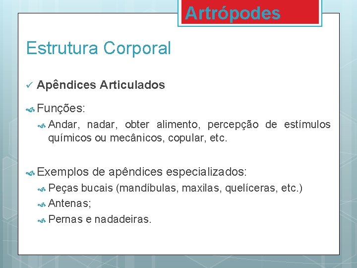 Artrópodes Estrutura Corporal ü Apêndices Articulados Funções: Andar, nadar, obter alimento, percepção de estímulos Artrópodes Estrutura Corporal ü Apêndices Articulados Funções: Andar, nadar, obter alimento, percepção de estímulos