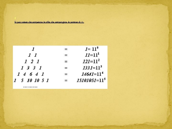 4 Si può notare che compaiono le cifre che compongono le potenze di 11. 4 Si può notare che compaiono le cifre che compongono le potenze di 11.