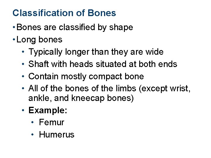 Classification of Bones • Bones are classified by shape • Long bones • Typically