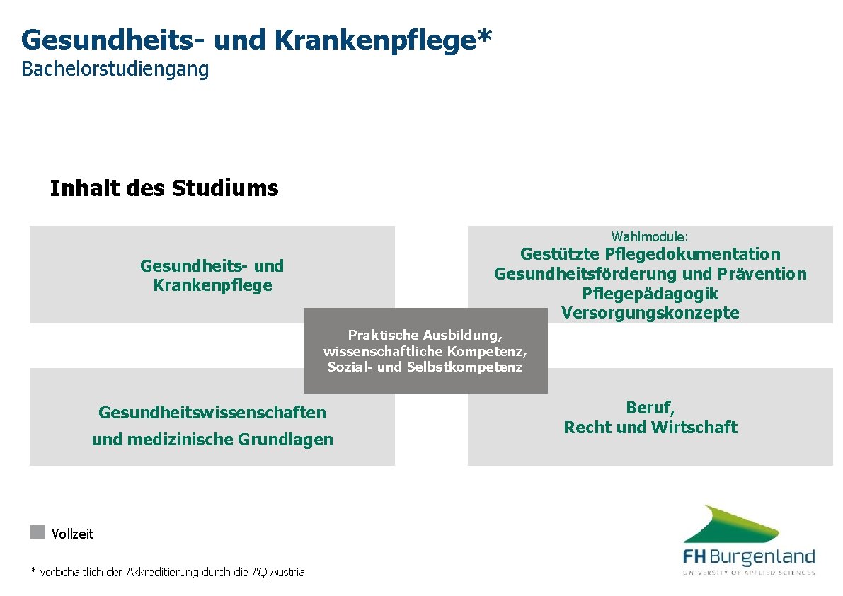 Gesundheits- und Krankenpflege* Bachelorstudiengang Inhalt des Studiums Wahlmodule: Gestützte Pflegedokumentation Gesundheitsförderung und Prävention Pflegepädagogik