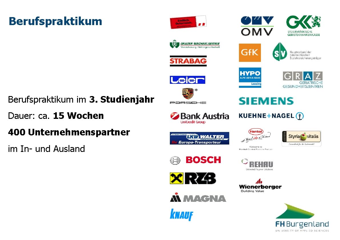 Berufspraktikum im 3. Studienjahr Dauer: ca. 15 Wochen 400 Unternehmenspartner im In- und Ausland