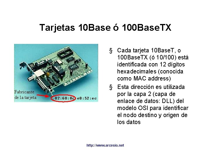 Tarjetas 10 Base ó 100 Base. TX Fabricante de la tarjeta 02: 60: 8