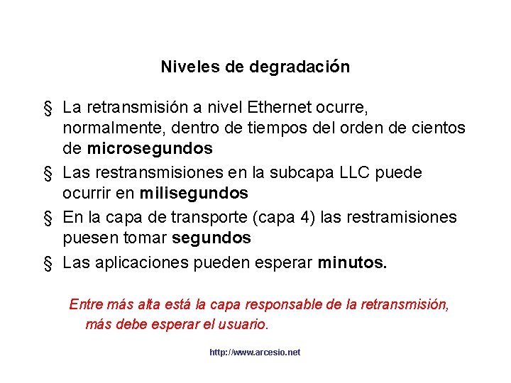 Niveles de degradación § La retransmisión a nivel Ethernet ocurre, normalmente, dentro de tiempos