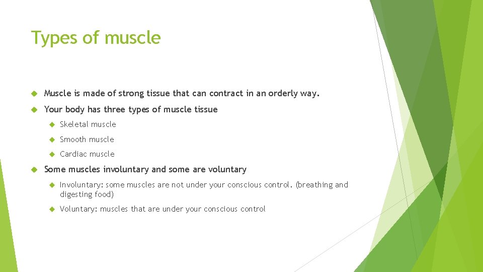 Types of muscle Muscle is made of strong tissue that can contract in an
