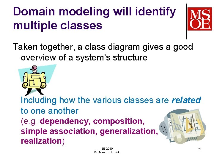 Domain modeling will identify multiple classes Taken together, a class diagram gives a good