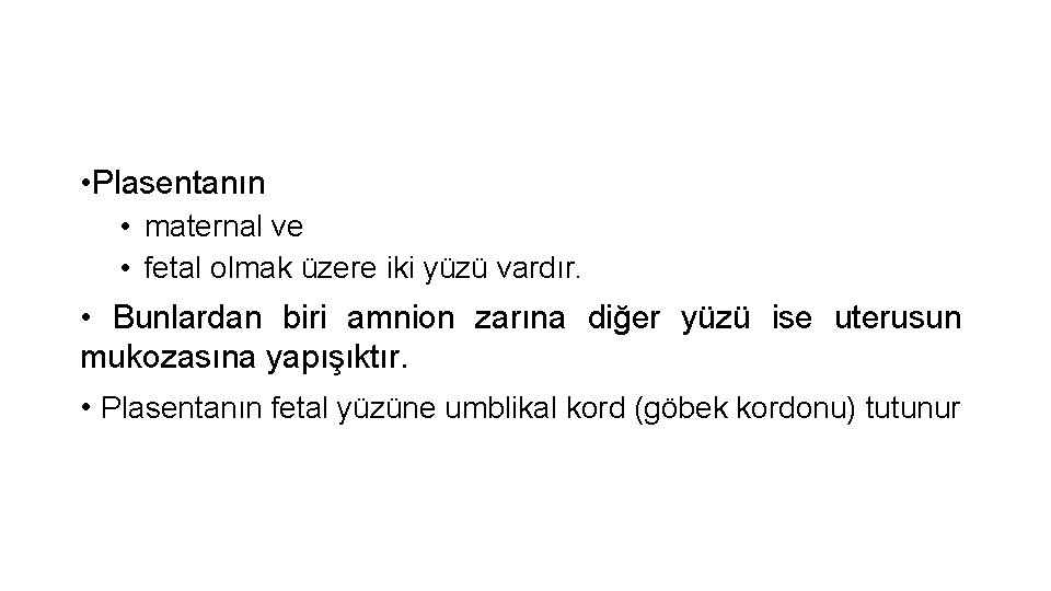  • Plasentanın • maternal ve • fetal olmak üzere iki yüzü vardır. •