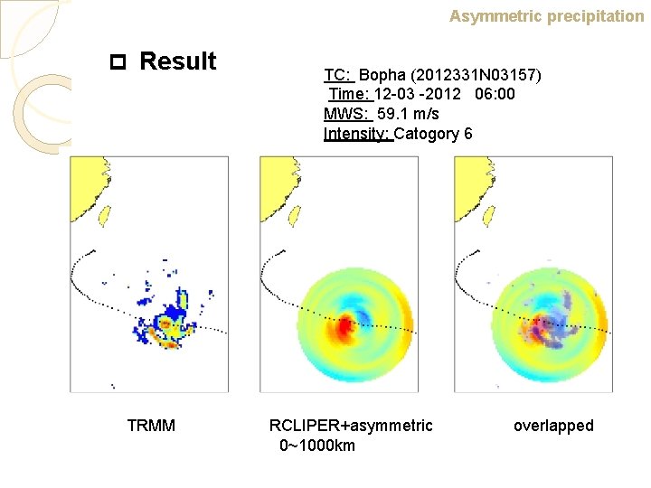 Asymmetric precipitation p Result TC: Bopha (2012331 N 03157) Time: 12 -03 -2012 06: