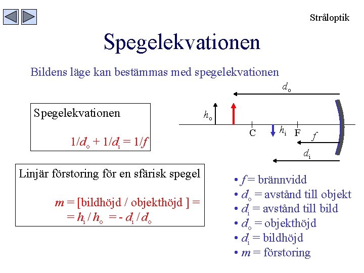 Stråloptik Spegelekvationen Bildens läge kan bestämmas med spegelekvationen do Spegelekvationen 1/do + 1/di =