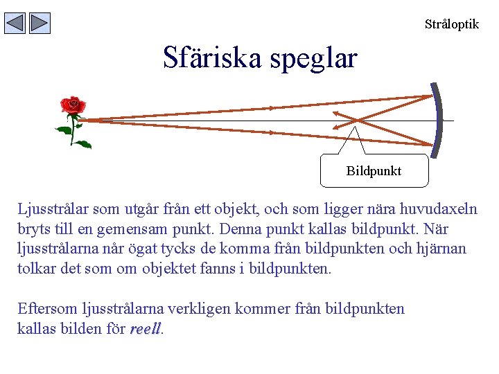 Stråloptik Sfäriska speglar Bildpunkt Ljusstrålar som utgår från ett objekt, och som ligger nära